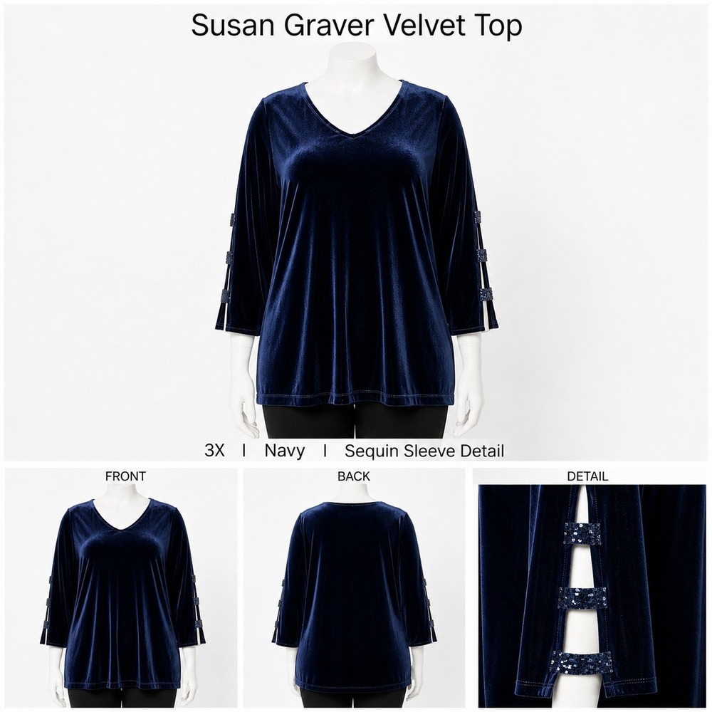 Susan Graver Navy Velvet Top 3X Sequin Split‎ Sleeve V-Neck Knit Blouse A238662